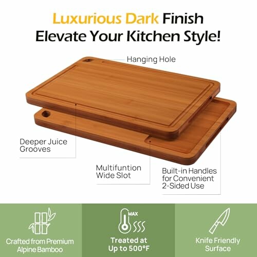 Bamboo cutting boards with features like hanging hole, juice grooves, and multifunction slot.