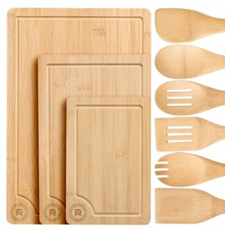 Set of bamboo cutting boards and utensils