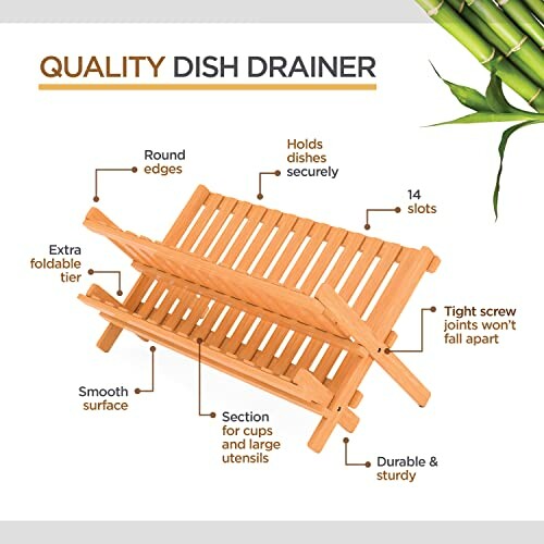 Wooden dish drainer with labeled features for quality and functionality.