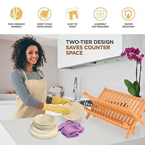 Woman using bamboo dish rack in the kitchen.