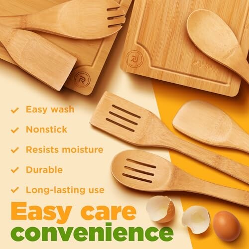 Bamboo kitchen utensils with features listed: easy wash, nonstick, resists moisture, durable, long-lasting use.