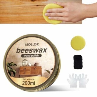 Beeswax wood polish kit with hand applying polish on wood surface.