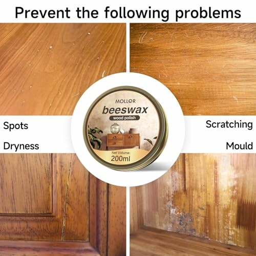 Beeswax wood polish prevents spots, dryness, scratching, and mold on wood surfaces.