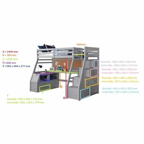 Diagram of a bunk bed with storage and measurements.