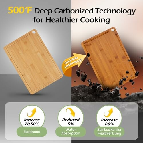 Cutting board with deep carbonized technology for healthier cooking.