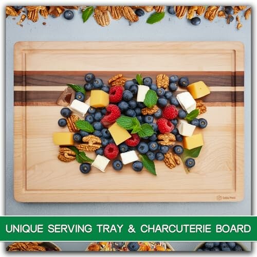 Wooden charcuterie board with assorted fruits, cheese, and nuts.