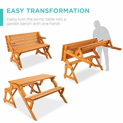 Convertible picnic table to garden bench transformation illustration.