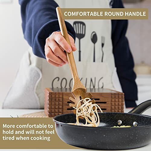 Person cooking noodles in a pan with a wooden spoon featuring a comfortable round handle.