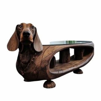 Wooden table shaped like a dachshund dog with glass top