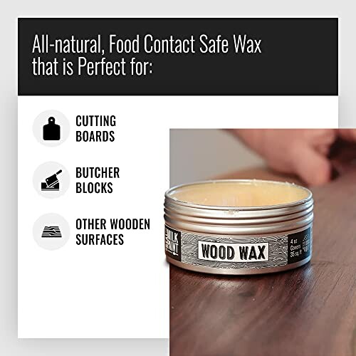 Hand applying all-natural wood wax from a tin, suitable for cutting boards, butcher blocks, and other wooden surfaces.