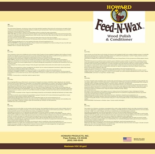 Howard Feed-N-Wax Wood Polish & Conditioner label with product information.