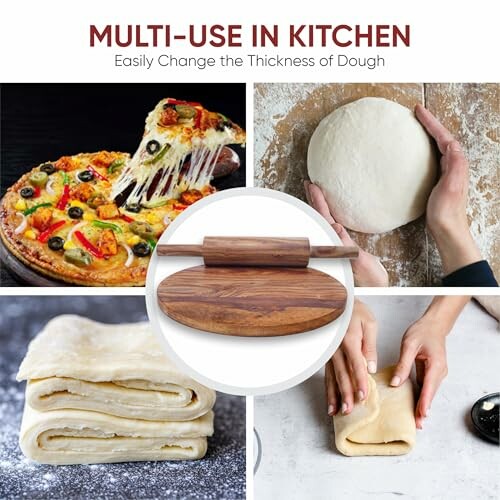 Multi-use kitchen tools for changing dough thickness with pizza, dough ball, rolling pin, pastry layers, and dough folding.