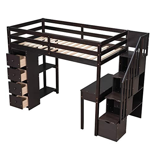 Loft bed with built-in drawers and stairs.