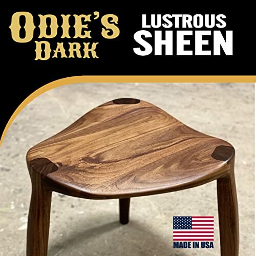 Wooden stool with Odie's Dark Lustrous Sheen finish and Made in USA label.