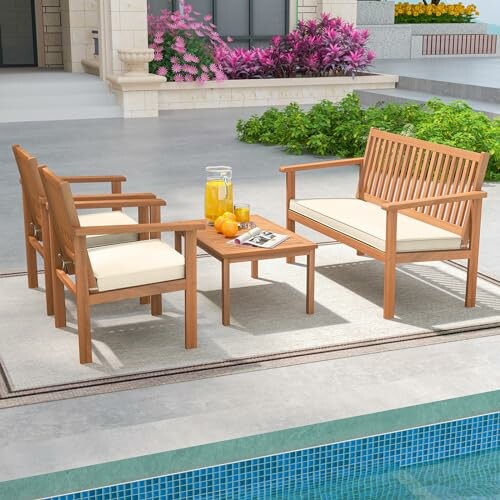 Wooden patio furniture set with chairs, table, and bench by poolside