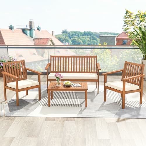 Wooden patio furniture set on a balcony with a scenic view.