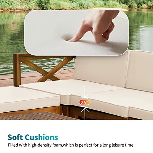 Outdoor seating with soft cushions and a hand pressing into foam.