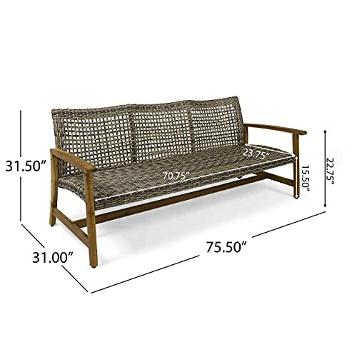 Outdoor wicker sofa with dimensions shown: 31.50 inches height, 75.50 inches width, 31.00 inches depth.