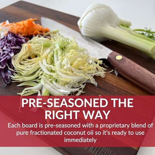 Chopped vegetables and knife on a cutting board with text about pre-seasoned boards.