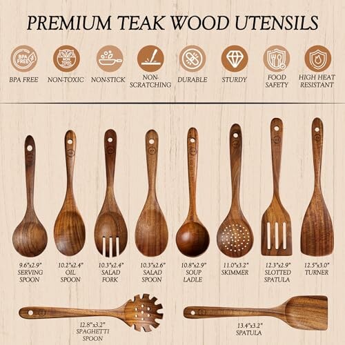 Premium teak wood kitchen utensils set with various spoons, forks, and spatulas.