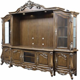 Antique-style wooden entertainment center with decorative carvings and glass cabinets.