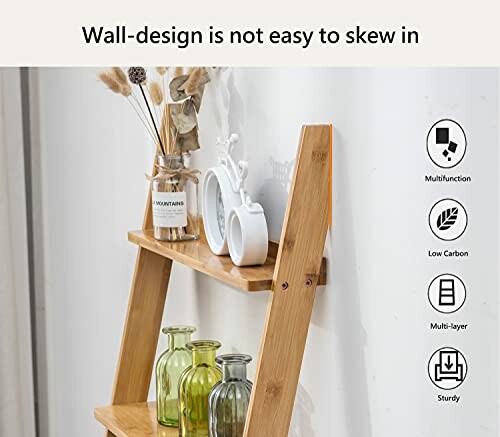 Wooden wall-mounted shelf with decorative items and stability features.