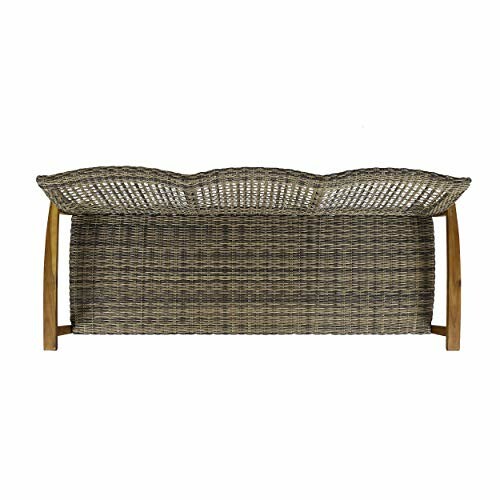 Back view of a wicker outdoor sofa with wooden legs