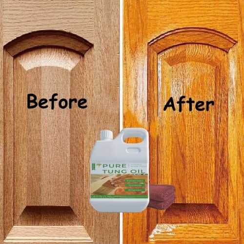 Wood door before and after tung oil treatment with bottle in foreground