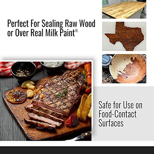 Sealer for wood surfaces, safe for food-contact, with images of sealed wood and steak.