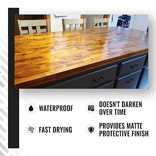 Wooden countertop with features: waterproof, fast drying, doesn't darken, matte finish.