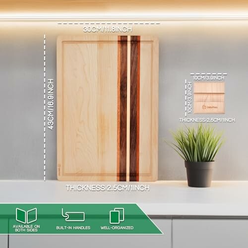 Wooden cutting board with measurements and plant on counter.