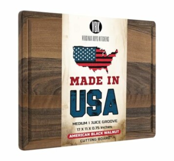 Wooden cutting board with 'Made in USA' design.