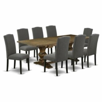 Wooden dining table with eight grey upholstered chairs