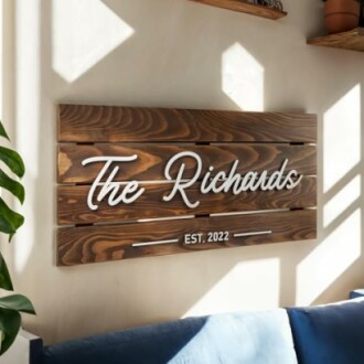 Wooden sign with 'The Richards Est. 2022' mounted on wall