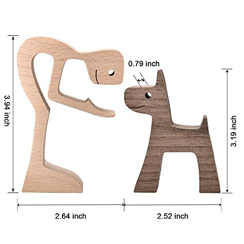 Wooden human and dog figurines with dimensions labeled.