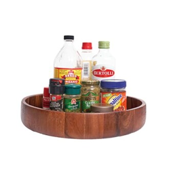 Wooden lazy Susan with assorted spices and condiments