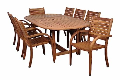 Wooden outdoor dining table with six chairs.