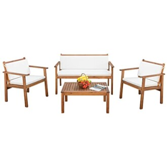 Wooden patio furniture set with white cushions, includes a loveseat, two chairs, and a coffee table with a fruit basket.