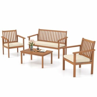 Wooden patio furniture set with chairs, a loveseat, and a table.