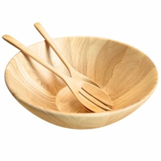 Wooden salad bowl with fork and spoon