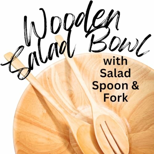 Wooden salad bowl with salad spoon and fork