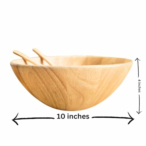 Wooden salad bowl with serving utensils, dimensions labeled.