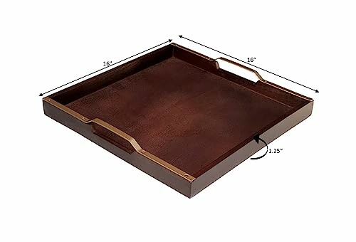 Brown wooden serving tray with dimensions 16 inches by 16 inches and a height of 1.25 inches.