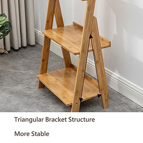 Wooden shelf with triangular bracket structure for stability.