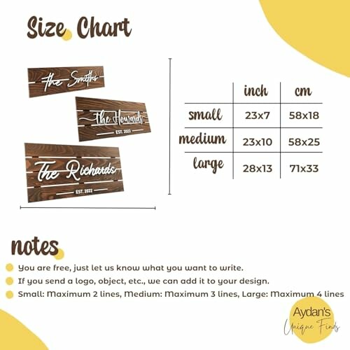 Wooden sign size chart with dimensions in inches and cm.