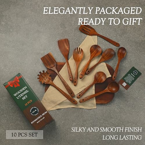 Wooden utensil set elegantly packaged, ready for gifting.