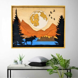 Woodland wall art with moose and mountain scene.